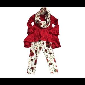 Red Floral Pants Set with matching Scarf